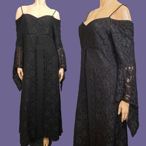 Gothic Witchy Medieval Maxi Dress M Long Bell Sleeves Black Lace Evening Wedding